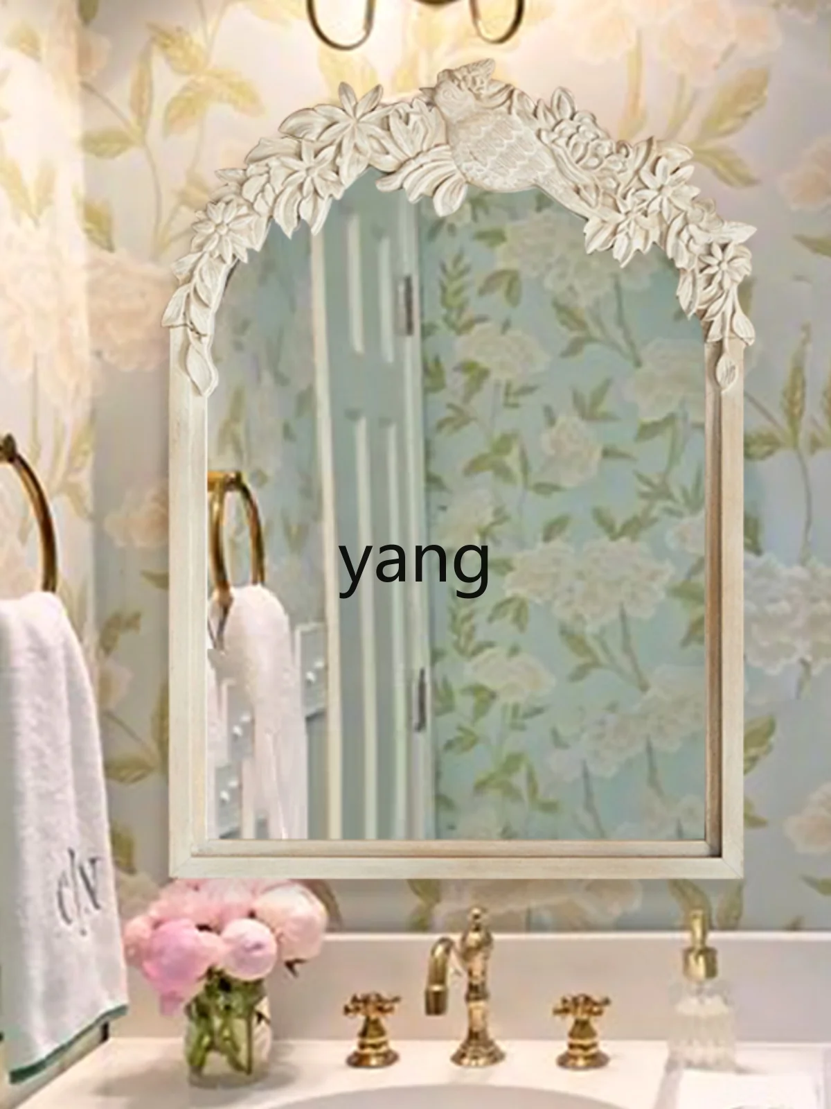 Yjq Bathroom Mirror Vintage Court Style Carved Bathroom Wall-Hanging Mirror with Special-Shaped Wash Basin Bathroom Mirror