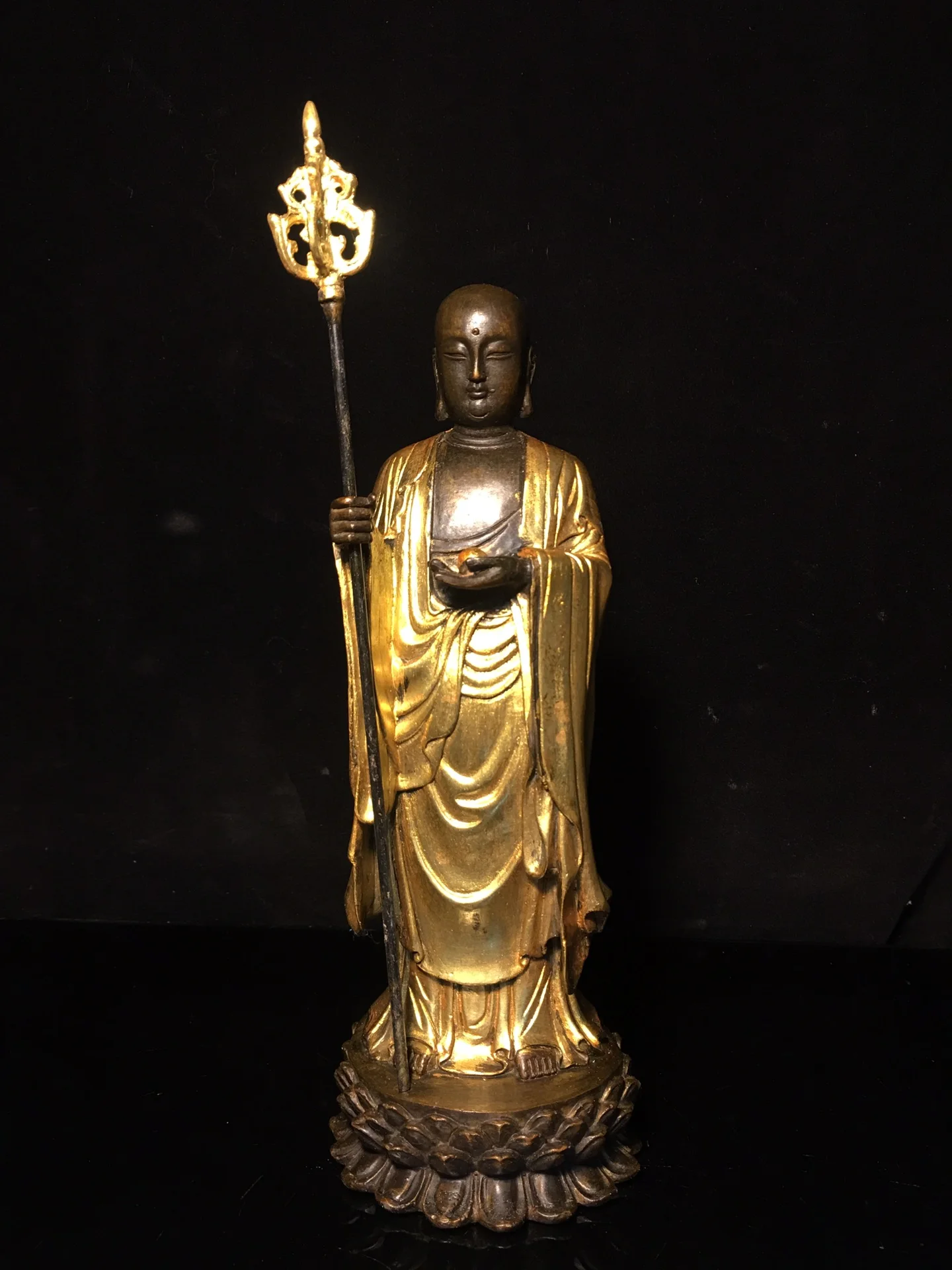 

9"Tibetan Temple Collection Old Bronze Cinnabar Mud gold Ksitigarbha Bodhisattva Jizo lotus platform Worship Hall Town house