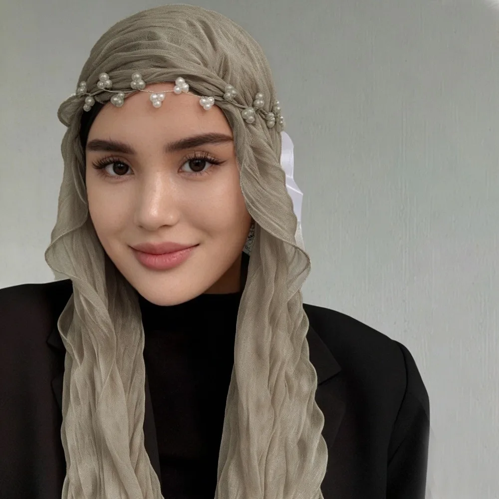 High Qulaity Solid Color Silk Scarf Ruffled Edge Shining Chiffon Hijab Veil Chiffon Soft Sunscreen shawl Outdoor