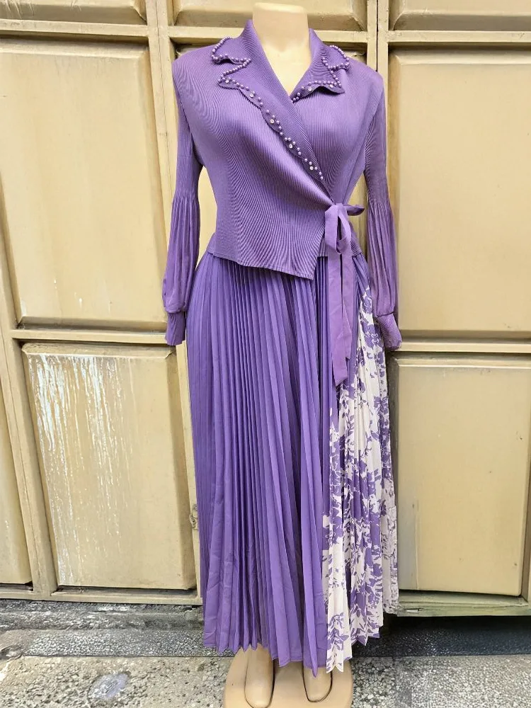 فستان WHTREND بطيات مرقعة للنساء فساتين مطبوعة بأكمام طويلة مع ضمادة مطرزة بالخرز أزياء نسائية #5