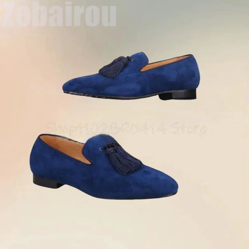 

Blue Suede Round Toe Tassels Decor Loafers Fashion Slip On Men Shoes Luxury Handmade Party Feast Banquet Dating Men Casual Shoes