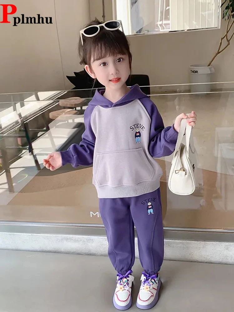 

Spring Fall Girls Tracksuit Set Fashion Spliced Hooded Sweatshirts And Children Elastic Waist Jogger Pants Casual Kids Ensembles