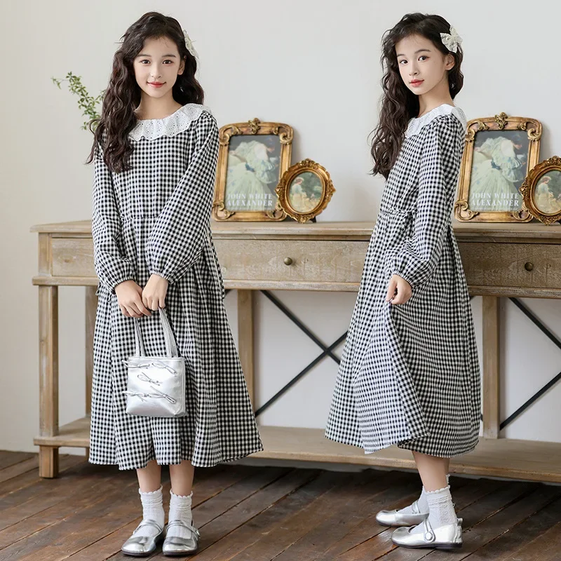 

School Children Princess Dresses 10 12 Year Casual Daily Kids Clothes Spring 2025 Girls Plaid Dress Fashion Retro Lace Neck Teen
