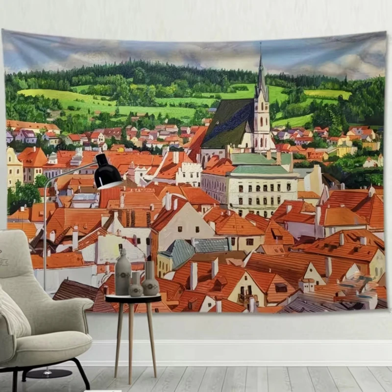 VIKAMA European Town Rooftops Tapestry Wall Hanging Red Tile Church Spire Village Oil Painting Aesthetic Wall Art Bedroom Decor