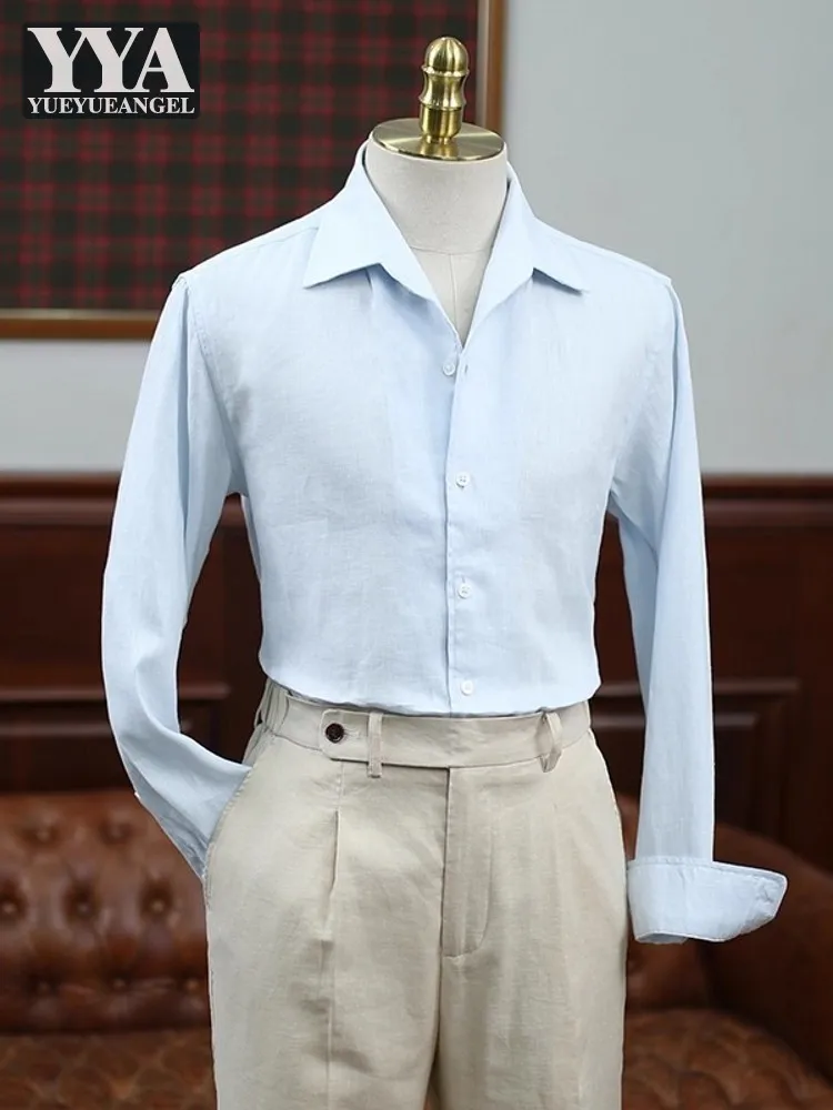 

Italian Designer Men Business Work Long Sleeve 100% Linen Shirt Slim Fit Single Breasted Wedding Dress Shirts Vintage Beach Tops
