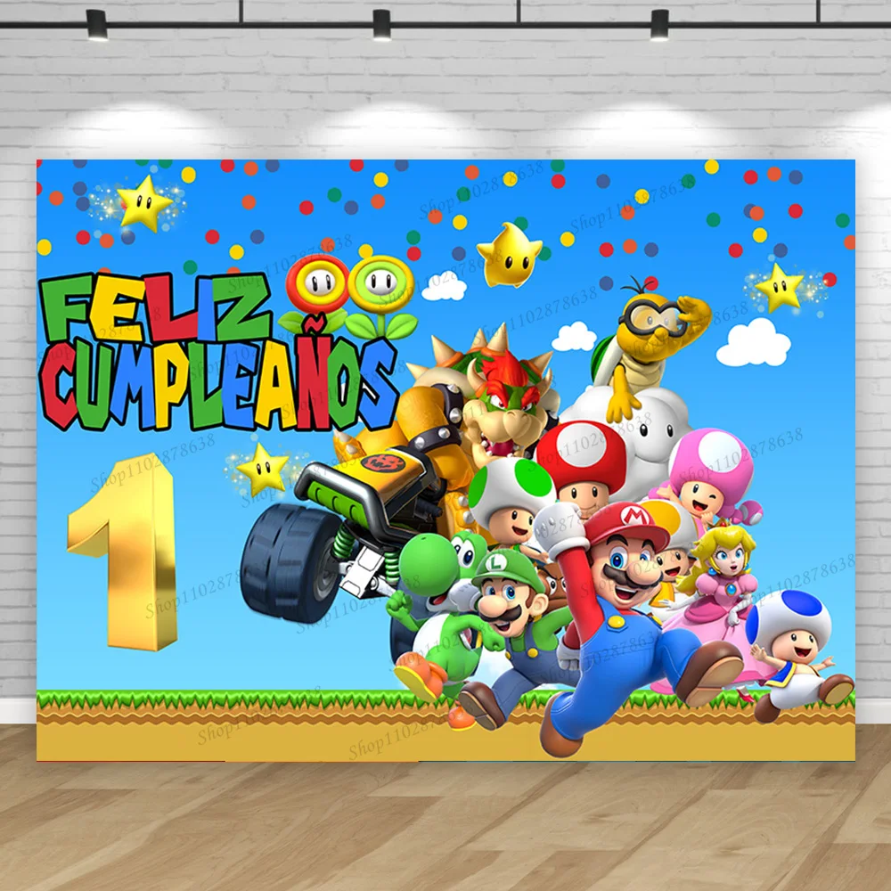 Super Marios Bros Feliz Cumpleaños Hintergrund Junge goldene Ziffer 1 2 3 4 5 6 Geburtstags feier Hintergrund Fotostudio Banner Dekor