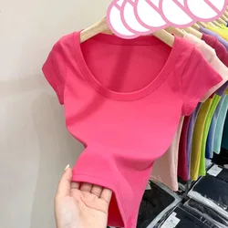Women's Clothing U-neck T-Shirts Tops Tees pure cotton shoulder sleeved summer solid color slimming short low neck bottom shirt