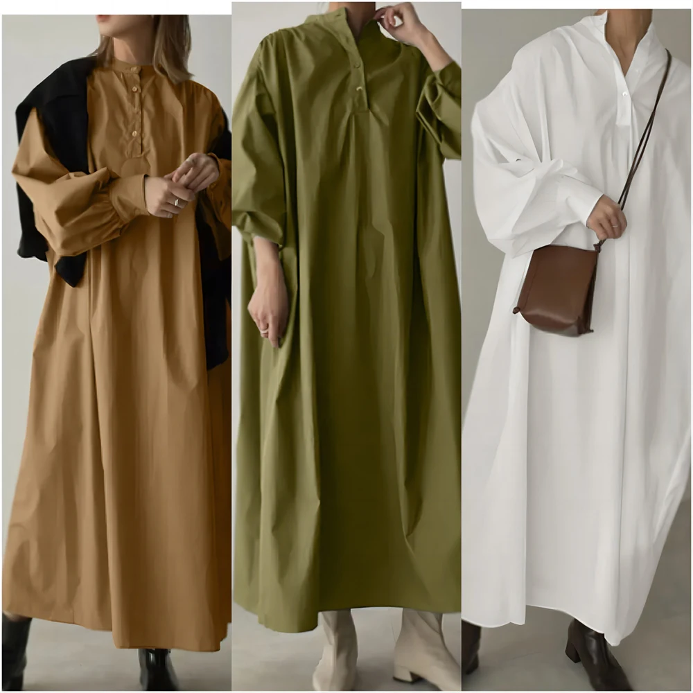 Loose Stand Collar Big Swing Maxi Long Dress For Women Muslim Dress Solid Color Button Long Sleeve De Mujer Boho  Long Vestidos