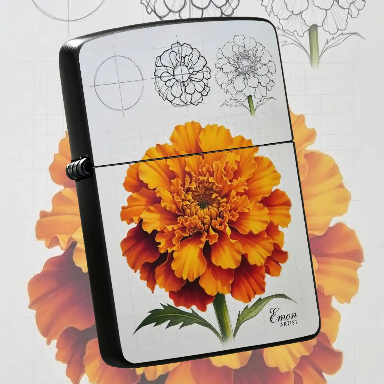 Artistic Marigold Sketch Pattern Lighter, Delicate Hand-Drawn Floral Design, Vibrant Orange Flower Decor, Portable Versatile Ignition Tool For Daily Outdoor Indoor Use, Ideal Unique Gift For Art And Flower Lovers A Humorous And Interesting
