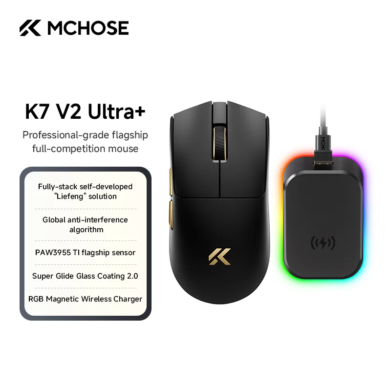 MCHOSE K7 V2 Ultra + Newly Upgraded Gaming Mouse PAW3955 TI 50000DPI 8K Lightweight Wireless Mice With Magnetic Charging Base
