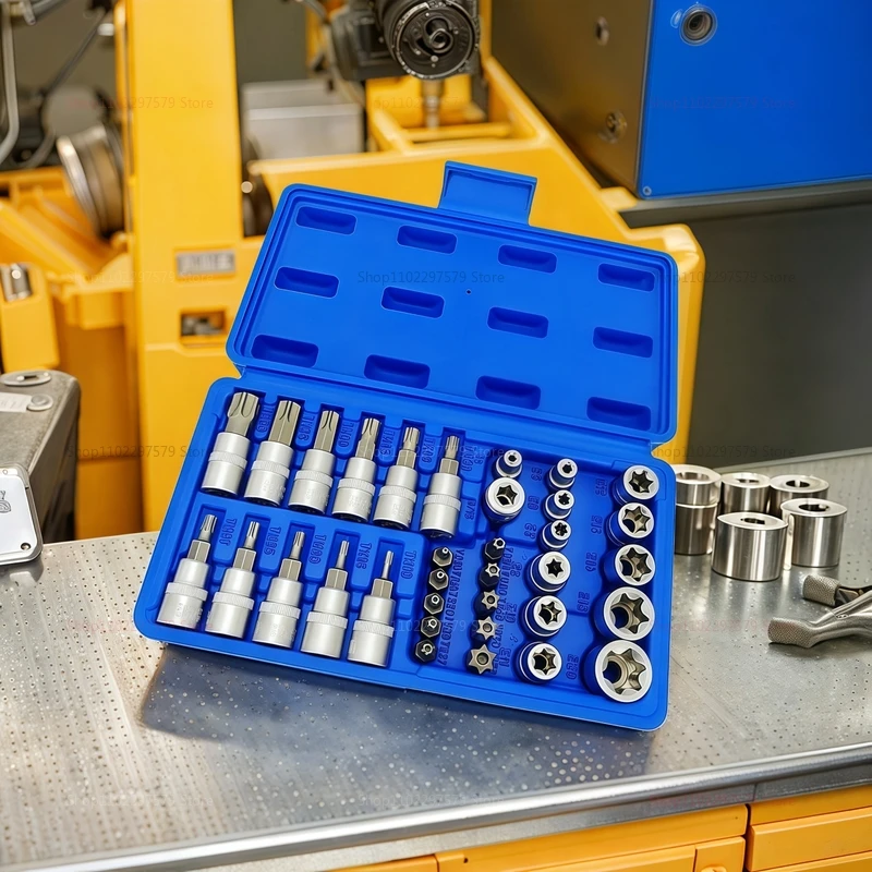 34-Piece 3/8 and 5/16 Inch Drive Socket Set with Torx and External Star Bits with Carrying Case for Automotive and Home Repairs