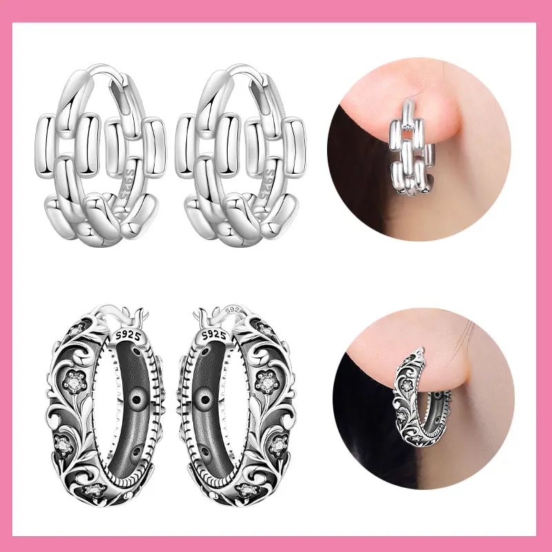 925 Sterling Silver Simple Watch Chain Curly Grass Pattern Flowers Hoop Earrings Wedding Anniversary Jewelry Gift  for Women