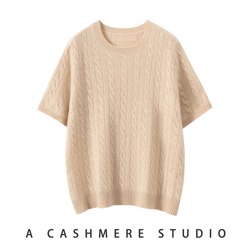 Women Sweater T-shirt 100% Cashmere New Short Sleeve Pullover Autumn O-Neck Basic Jumper FemaleTwisted Flower Shirt Girl Clothes