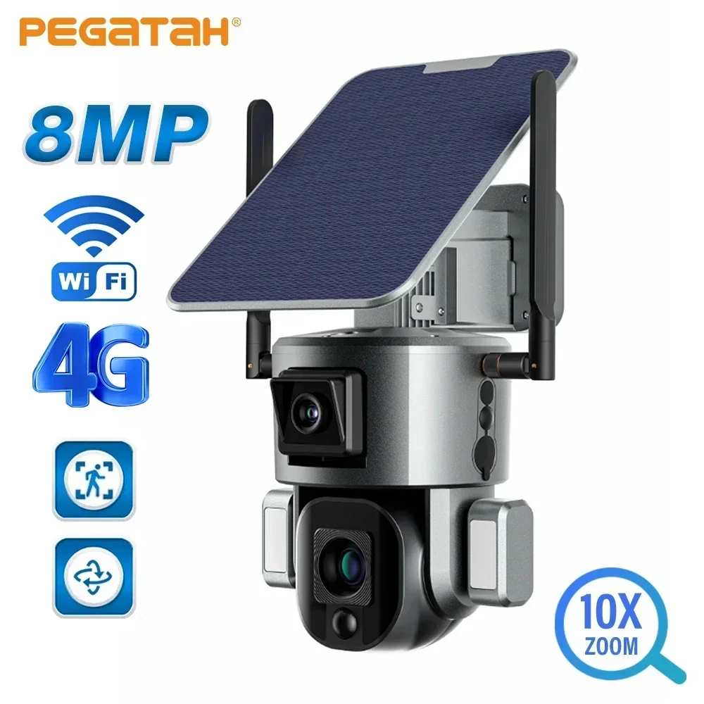 PEGATAH 8MP 4K Solar Camera | 4G WiFi Dual Lens 10X Zoom PTZ Human Detection Waterproof Outdoor Security IP Cam