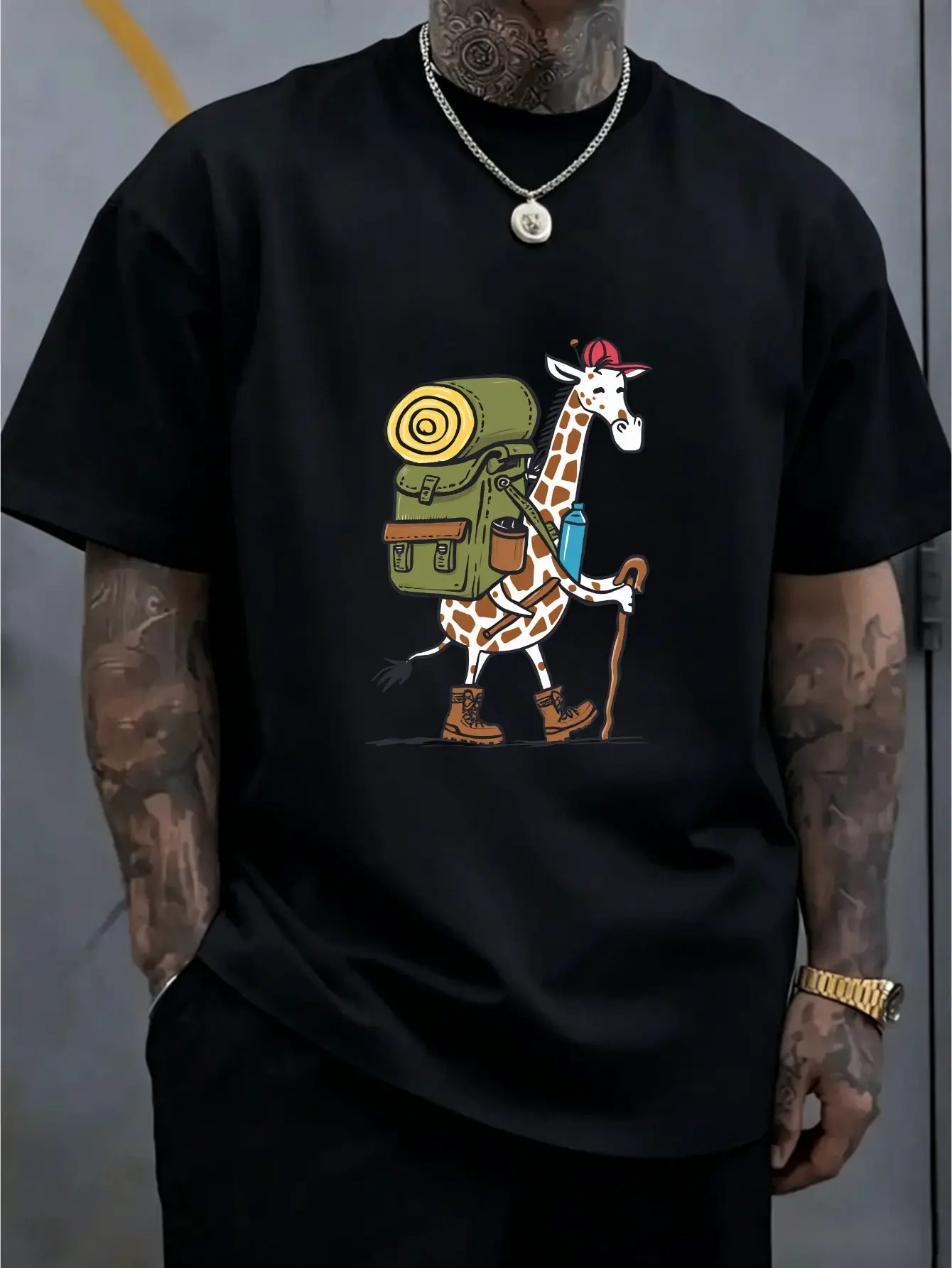 White Hiking Giraffe Backpack Cartoon Graphic Mens Short Sleeve T Shirt Crew Neck Outdoor Animal Casual Daily Soft Comfort Top