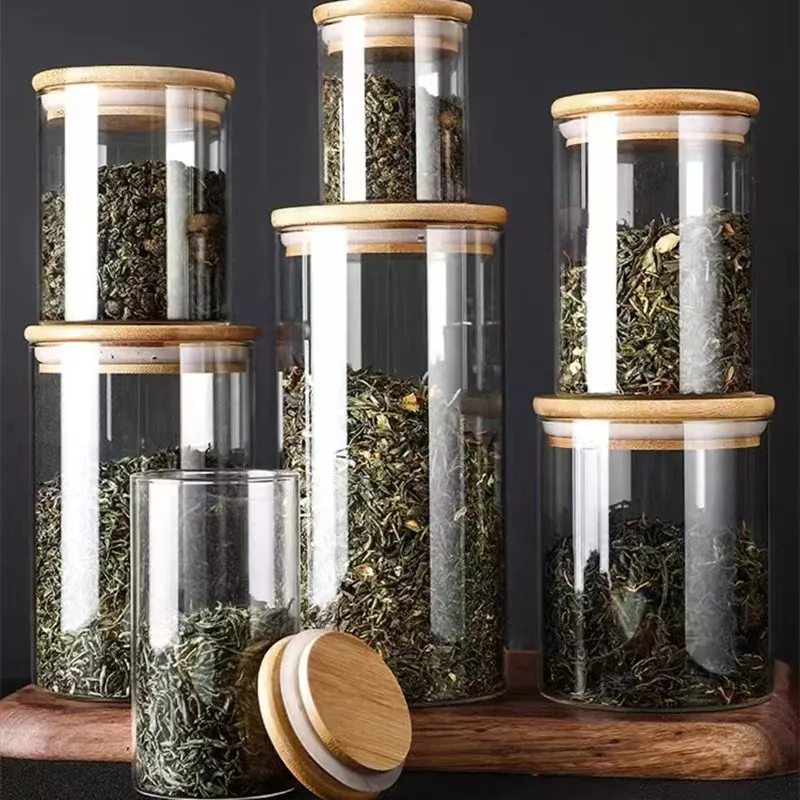 غطاء خشبي زجاجي شفاف برطمانات تخزين المواد الغذائية زجاجات تخزين المطبخ جرة مختومة للشاي والقهوة وموزع حبوب السكر المنظم #3