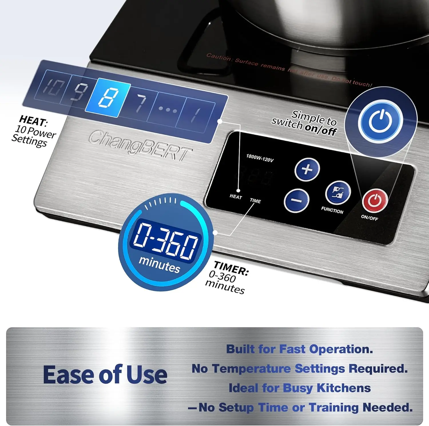 1800W Commercial Induction Cooktop, 8' Heating Coil, 12' Heat Resistant Surface, NSF Certified