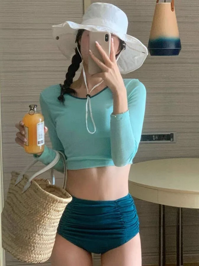 

High Waist Swimsuit Women's Long Sve Conservative Sunscreen Separate Pure Desire Slimming Belly Cover up Swimmin...