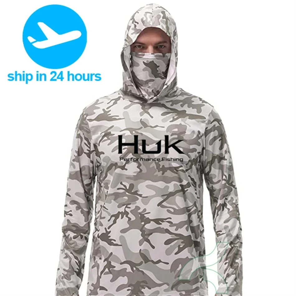 HUK Fishing Shirts UPF 50+ Face Cover Fishing Clothes Sun Uv Protection Camouflage Hoodie Men's Face Mask Jersey Camisa De Pesca