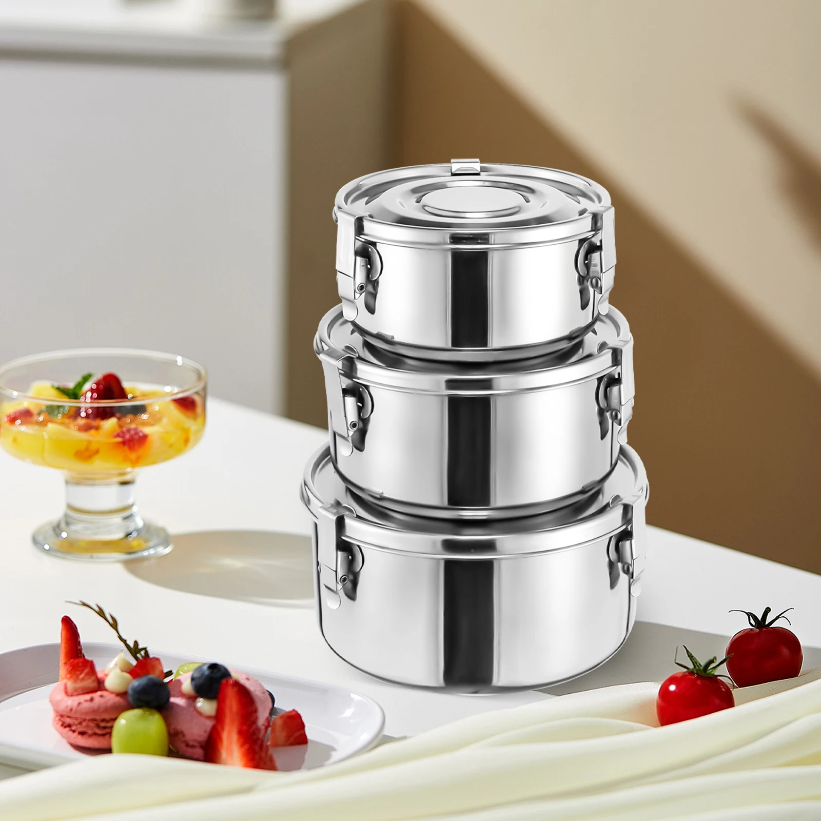 

Stainless Steel Food Storage Containers with Lid, 3PCS Meal Prep Container Reusable Metal Flat Canisters (650ml, 1000ml, 1600ml)