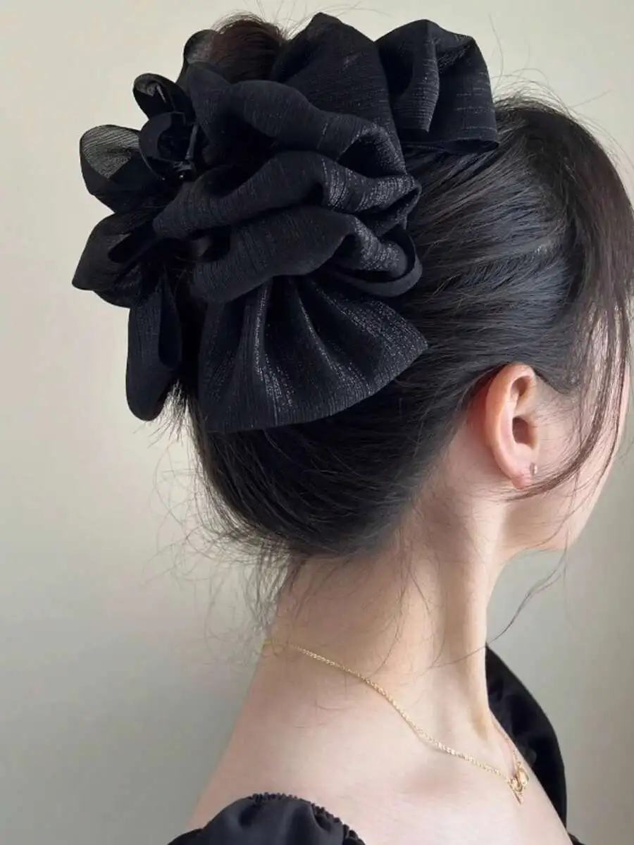

Womens Solid Black Shiny Chiffon Extra Large Bow Hair Claw Clip For Daily Wear