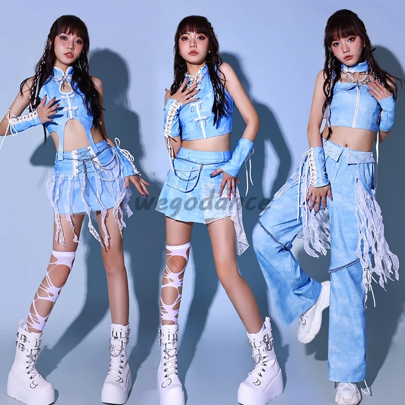 

New Korean Girl Group Performance Blue Singing Stage Sexy Jazz Dance Costumes Set