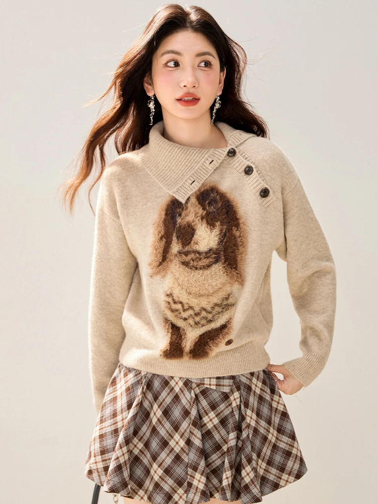 Women Puppy Print Pullovers 2026 Autumn Winter Clothing Korean Casual Jumper Casual Fashion Knitted Loose Versatile Sweater Tops