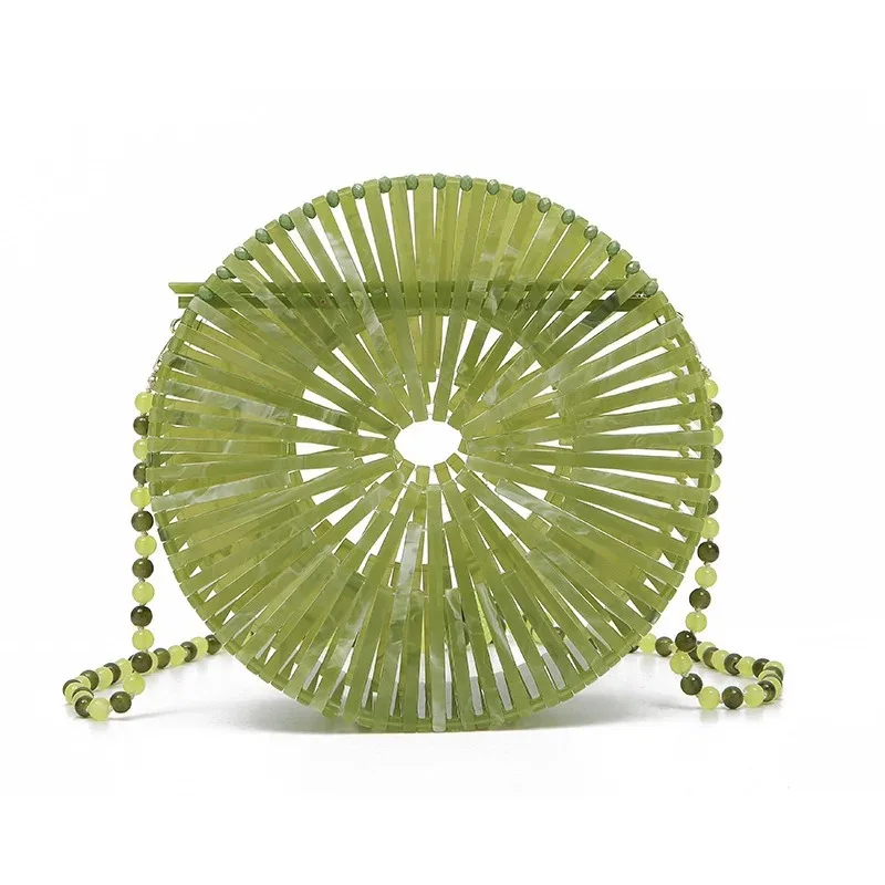 

Trendy Acrylic Bag Women Fashion Brand Mini Round Handbag Avocado Green Crossbody Shoulder Bag Beach Holiday Hollow Out Mini Bag