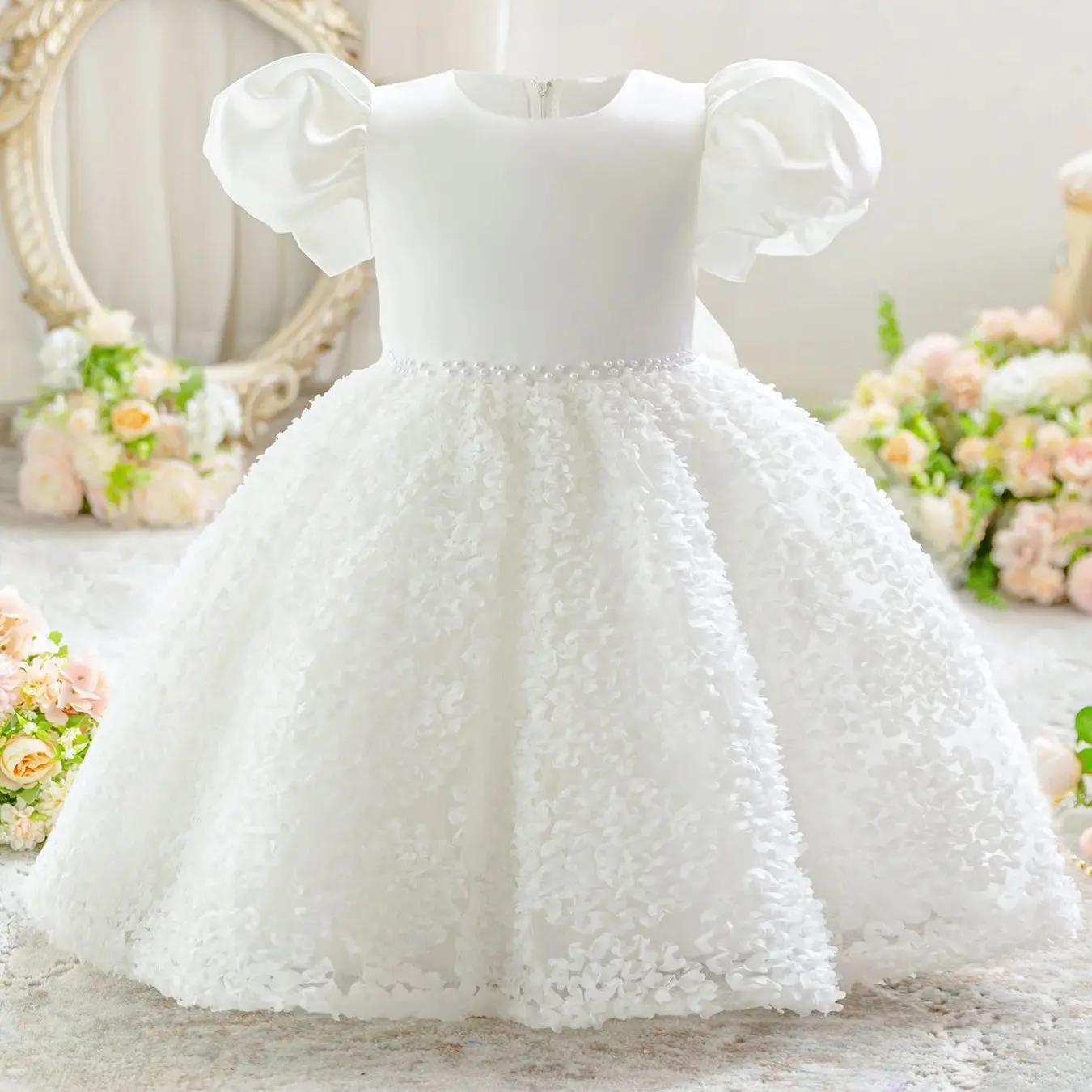 

Little girl's bubble sleeve lace dress whiteI Elegant nfant Baptism Party Girl Dress 1st Birthday Wedding Prom Dress Kids Bow Em