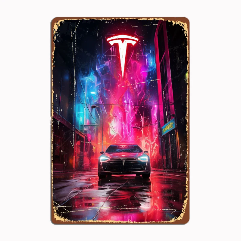 

Tesla Car Neon Model Best Metal Sign Metal Poster Garage Room Wall Decoration Cinema Living Custom Tin Vintage Home Decor