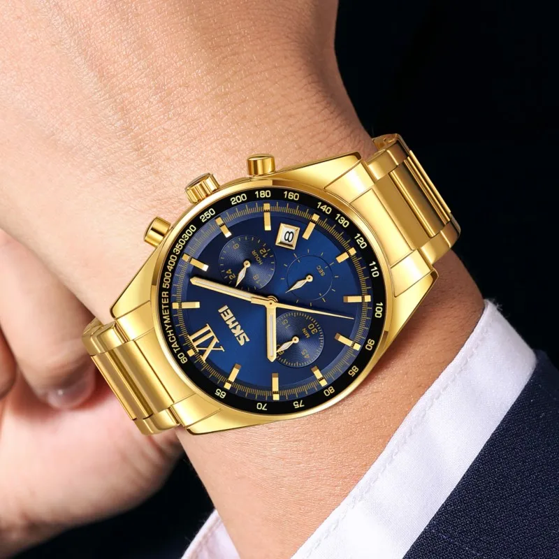 SKMEI High-grade Business Luxury Men Quartz Dual Display Watch Stainless Steel Business elites Waterproof Wristwatches Male 9096