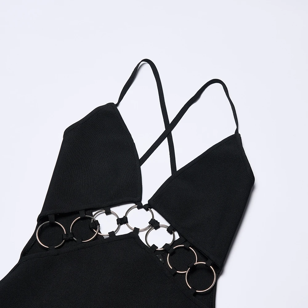 Sexy schwarzes ärmelloses Midi-Verbandskleid mit tiefem V-Ausschnitt, Nachtclubs, Cocktail-Events, Abendkleider, figurbetonte, rückenfreie Ballkleider