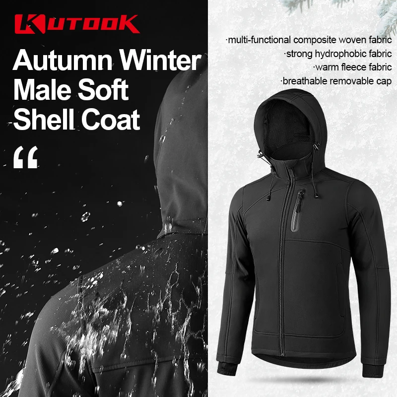 KUTOOK-Winter Hiking Jackets for Men, Fleece Softshell with Hooded, Outdoor Camping Jackets, Windbreaker Reflective Accessories