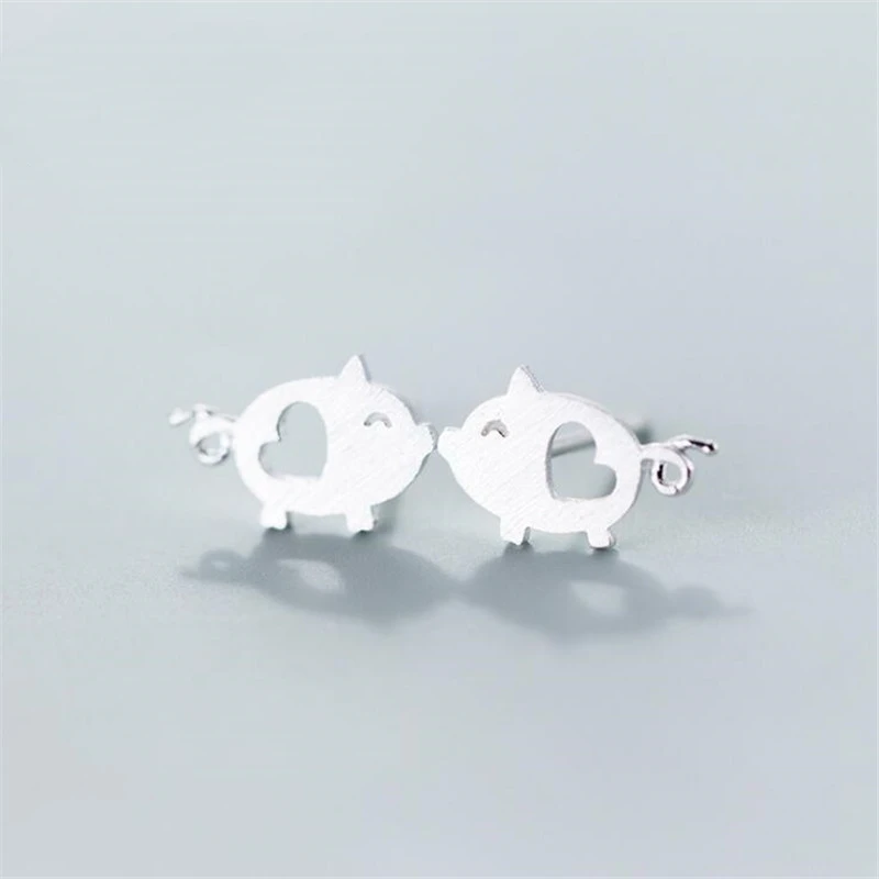 New Popular Cute Pig 925 Sterling Silver Fashion Jewelry Fresh Drawing Sweet Animal Hollow Love Heart Shaped Stud Earrings  E181