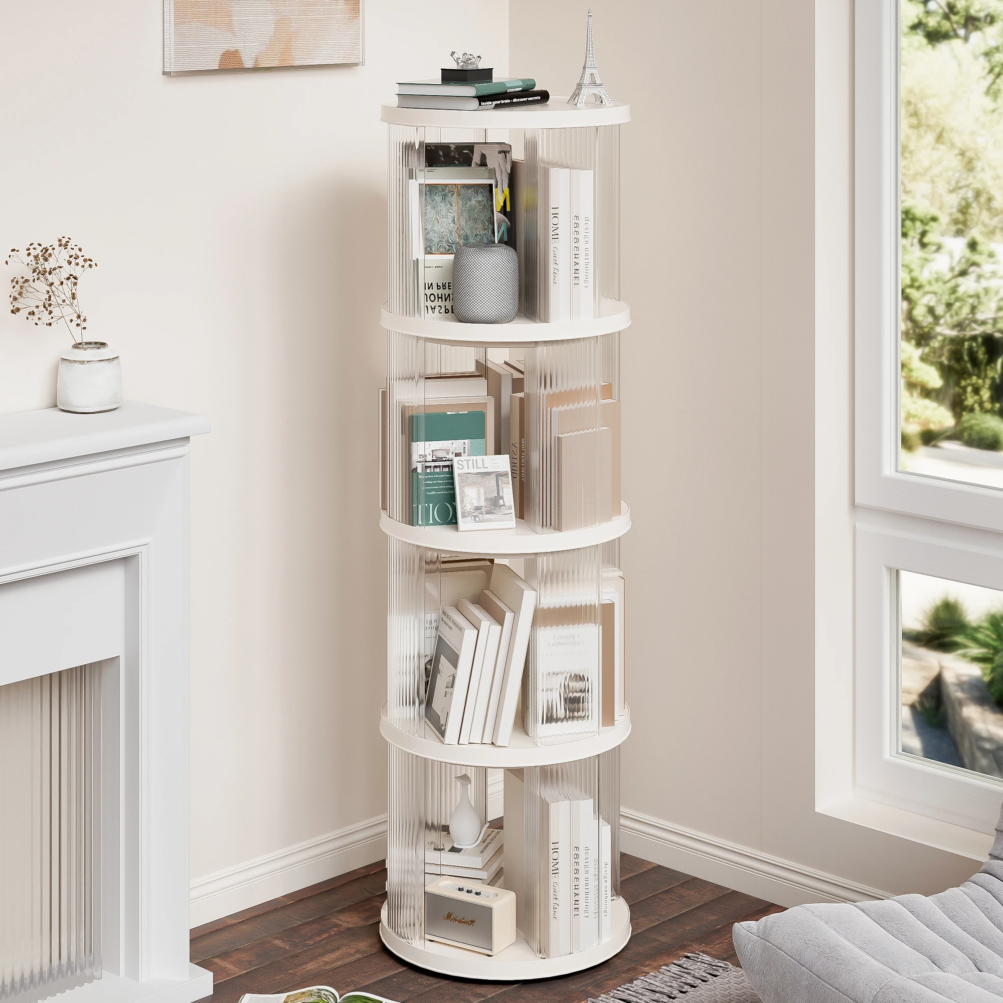 360° Rotating Bookshelf, Small Corner Bookcase with Small Footprint, 4 Tier Floor Standing Bookcasefor Kids&Adults, Narrow Book