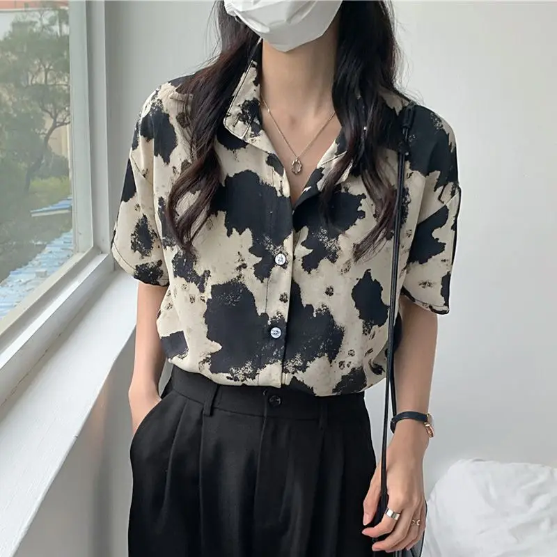 XEJ NAINI Cow Print Shirt Women Summer Top 2024 Chiffon Elegant Social Women\'s Shirt Oversized Shirt Silk Blouse Short Sleeve