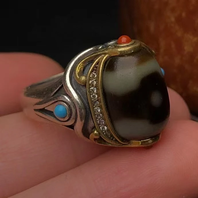 Returning Old Material with Cross Patterns Dzi beads Tianzhu Inlaid 925 Silver Plated Gold Ring