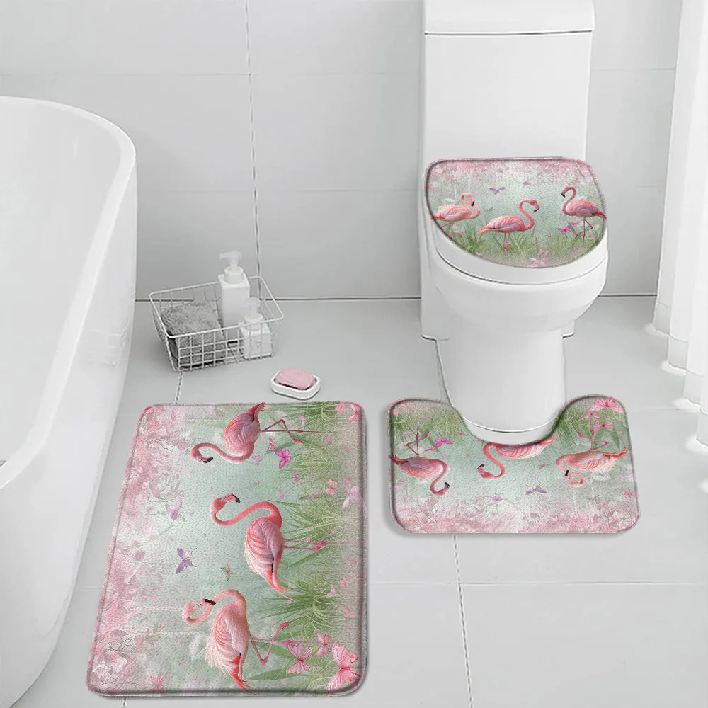 Flamingo Bath Mat Set Tropical Leaves Pink Birds Purple Plants Elegant Aesthetic Flannel Bathroom Rug Toilet Lid Cover for Bath