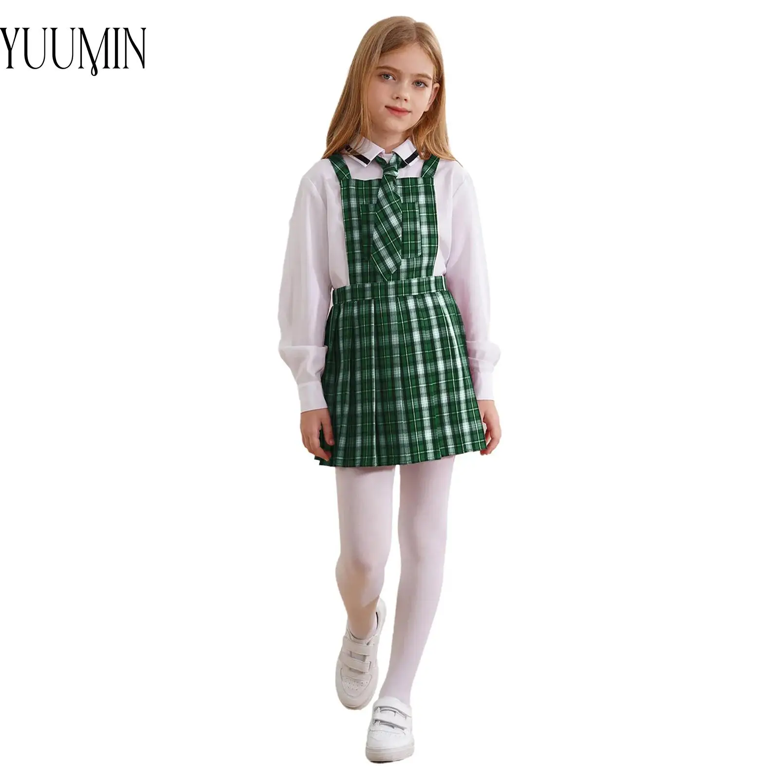 Traje de uniforme escolar plissado infantil, meninas Dance Performance, alças largas, xadrez, vestido geral plissado com gravata, manga longa,