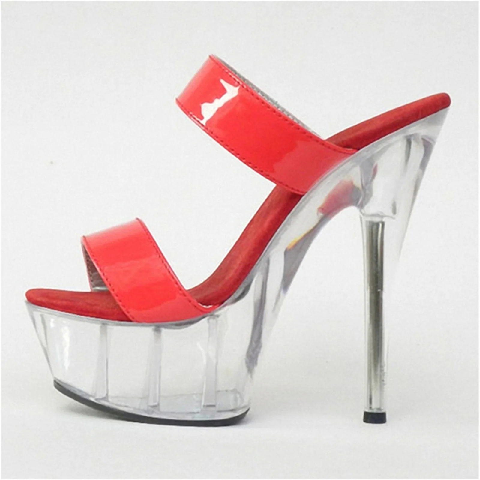 ​Modern Statement Heels 15CM, Red Glossy Mules with Crystal Platform, Chic Night Out Party Shoes​