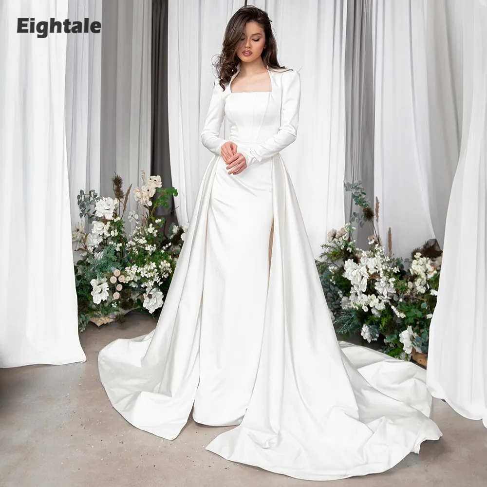 

Eightale арабское свадебное платье по индивидуальному заказу белого цвета слоновой кости Русалка с длинными рукавами и складками мусульманское атласное свадебное платье Robe De Mariée