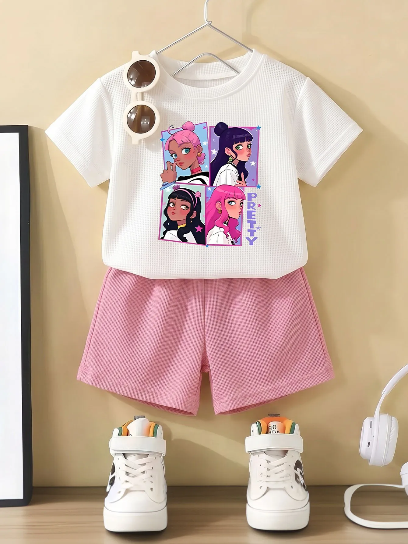 Cute Cat Printed Girls Short Sleeve T Shirt Set Summer Breathable Comfy Elastic Waist Shorts Set for Kids 3-12y Fashion Outfits
