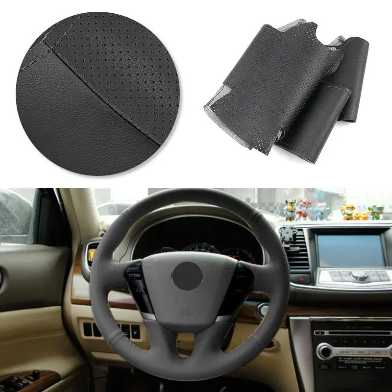 Car Accessories Braid Steering Wheel Black Leather Cover Hand Sewing Trim For Nissan Teana Murano Z51 Elgrand Quest