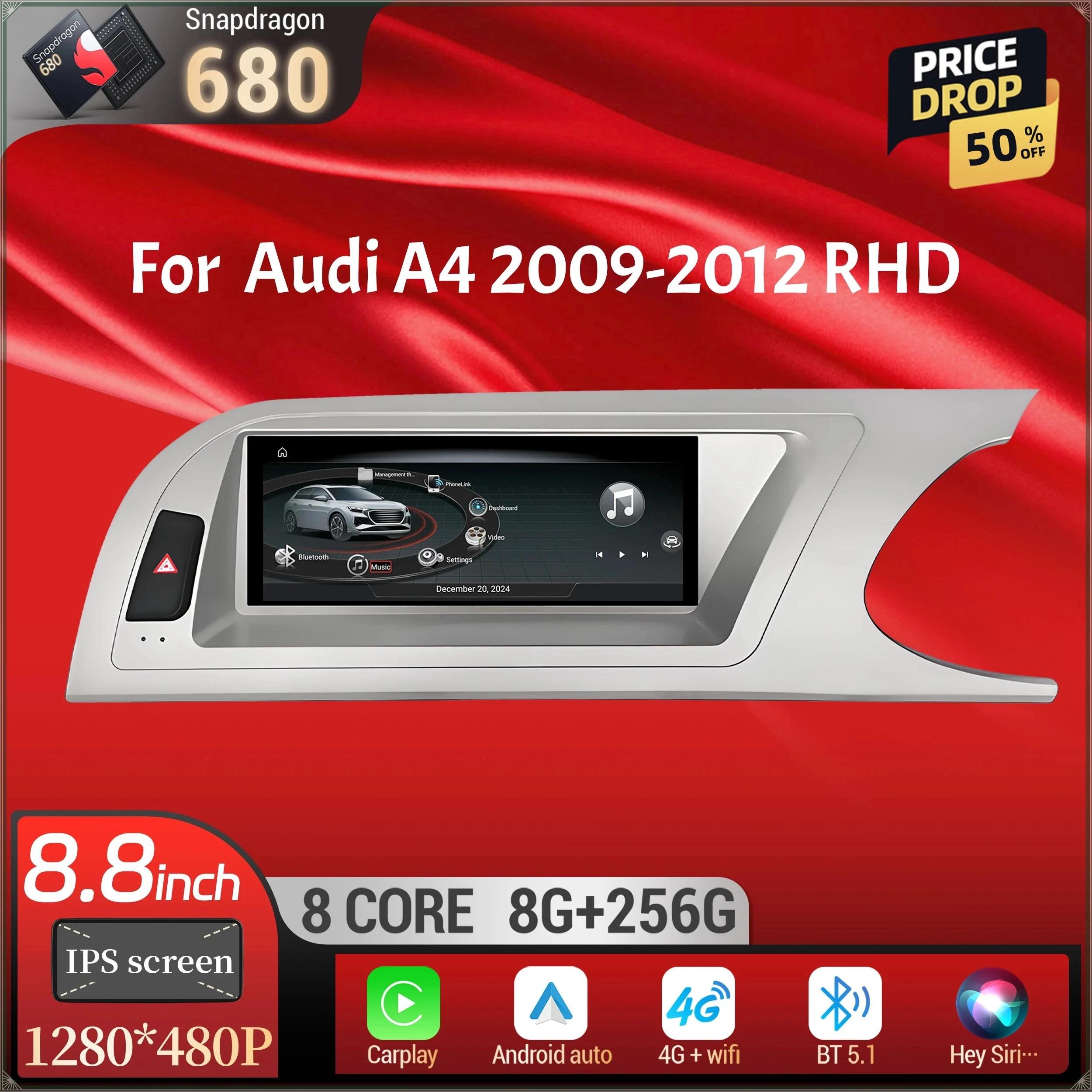 8.8 inch Right Hand Drive Android 14 For Audi A4 2009-2012 Car Radio Wireless Carplay Head Unit Qualcomm Snapdragon 680 Screen