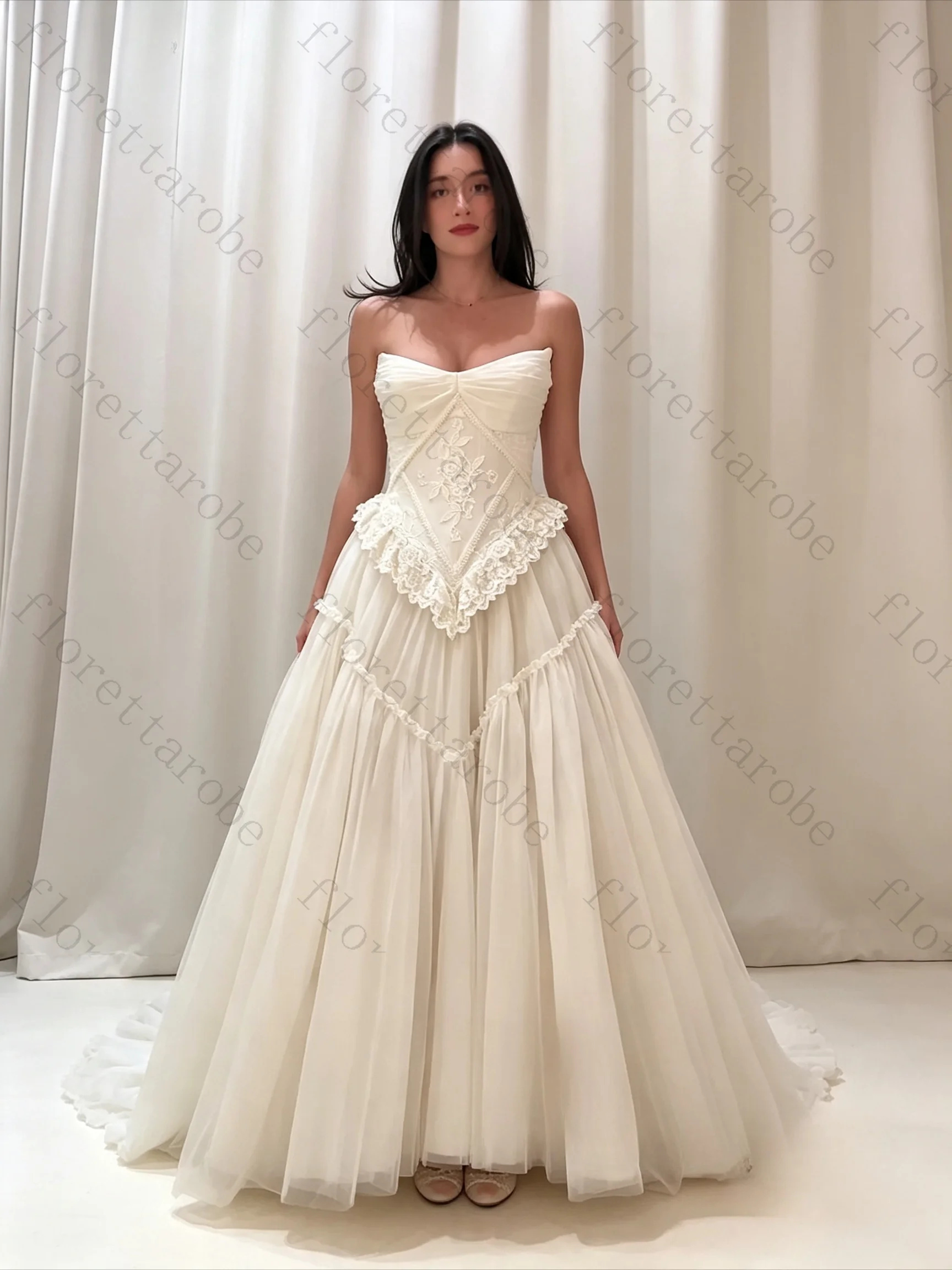 Customized Fashion Boho Strapless Wedding Dresses Lace  A Line Lace up Fold Floor length Open back elegant Bridal Gowns for 2026