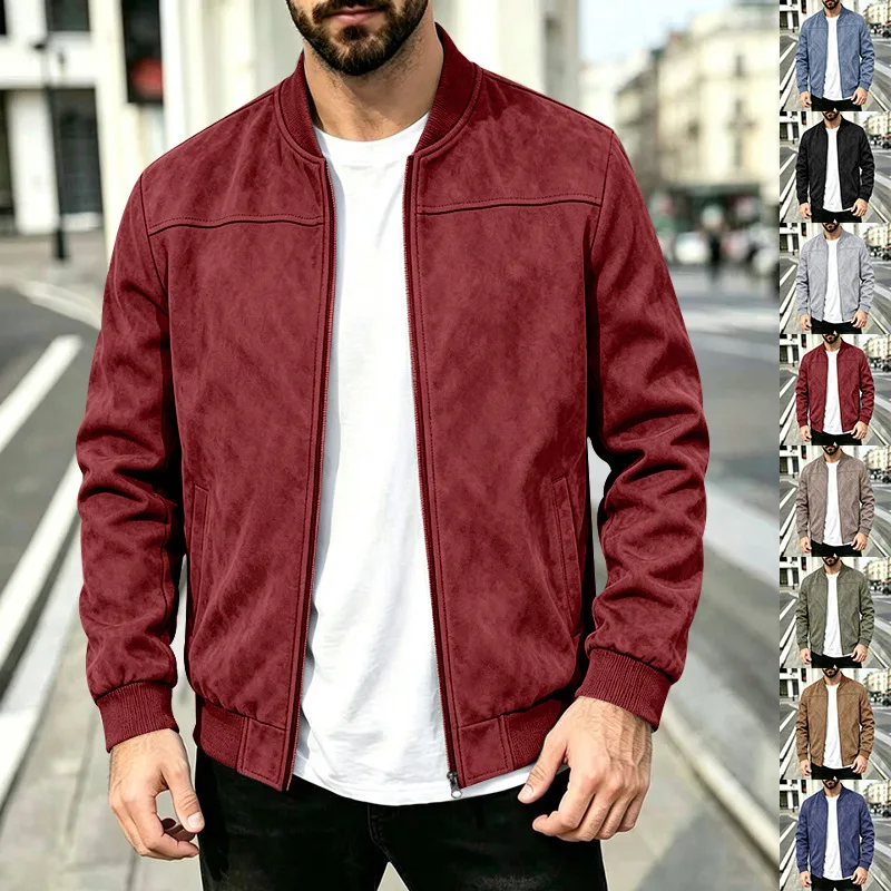 Men'S High-Quality Suede Zip-Up Jacket For Spring And Autumn，Baseball Collar Casual Trendy Bomber Jacket With Zipper！