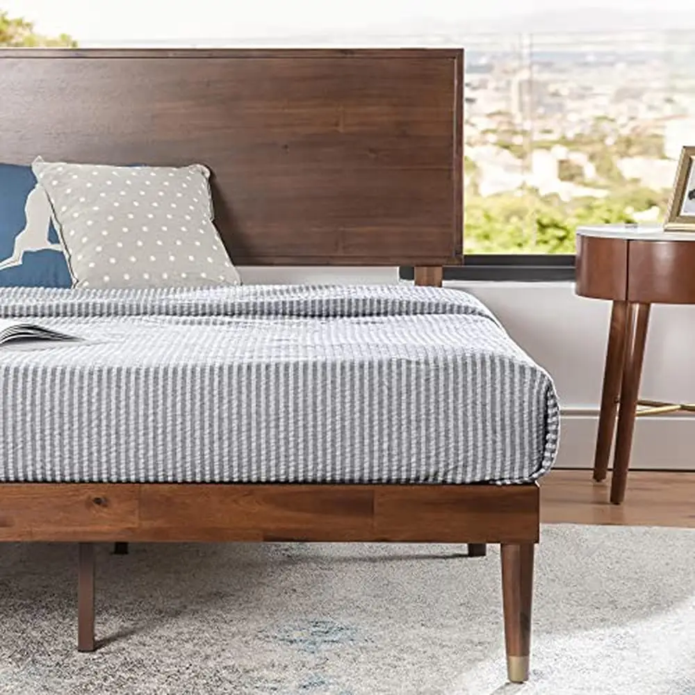 Wood Platform Bed Frame Adjustable Headboard Solid Acacia Foundation Slat Support No Box Spring Needed Mid-Century Elegance Easy