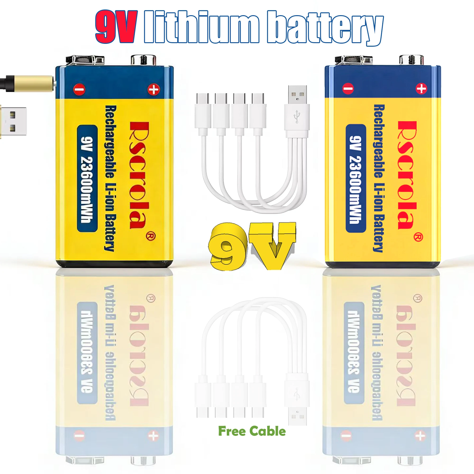 9V 23600mWh USB Lithium-ion Batteries 9V 6F22 Li-po Battery Constant Voltage 9V Output USB Li-ion Rechargeable Batteries