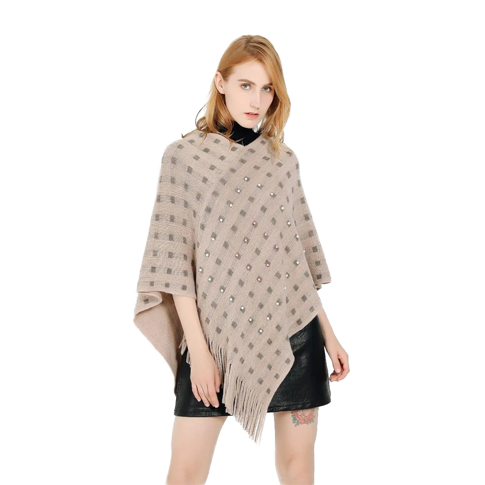 

Women Spring Autumn Shawl Lady Knitted Two Way Wrap Vintage Plaid Pullover Loose Sweater with Pearls Fall Poncho with Tassel