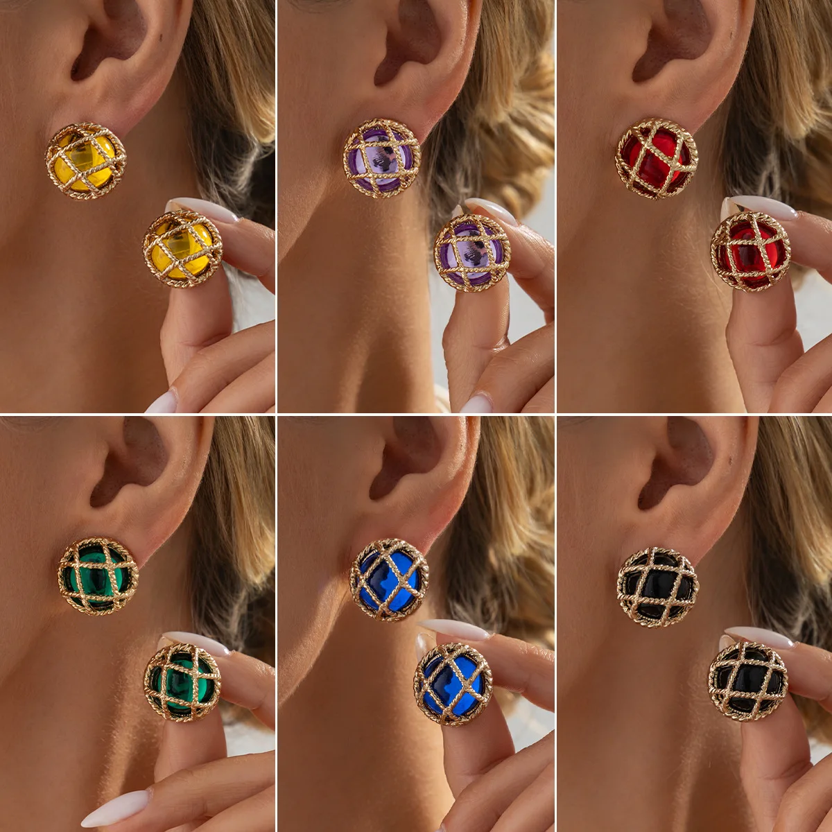 2026 Vintage Twisted Metal Grid Round Gem Stud Earrings Multicolor Resin Stone Gold Frame Earrings Retro Women Daily Jewelry